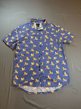 Quiksilver Short-Sleeve Blue Shirt with Orange & White Parrot Print Size L